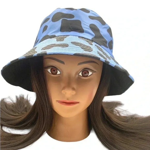 Boutique Blue and Black Cow Print Fully Reversible Bucket Hat Trendy OSFM - Picture 2 of 6